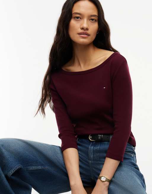Tommy Hilfiger Slim boat neck three-quarter sleeve t-shirt in deep burgundy, 3 of 6