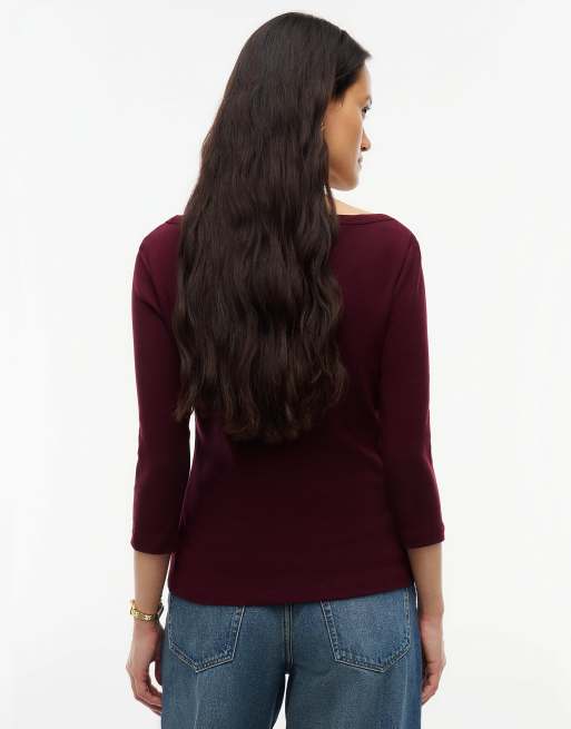Tommy Hilfiger Slim boat neck three-quarter sleeve t-shirt in deep burgundy, 4 of 6