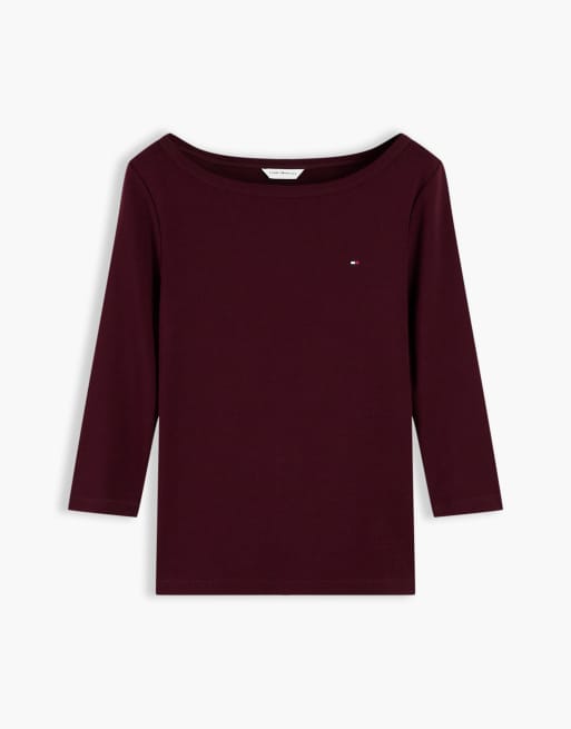Tommy Hilfiger Slim boat neck three-quarter sleeve t-shirt in deep burgundy, 5 of 6