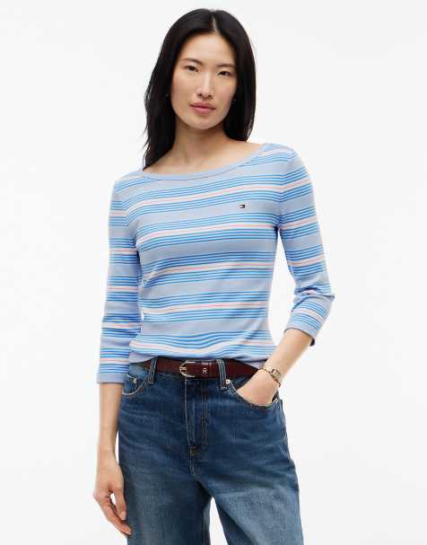 Tommy Hilfiger Slim boat neck three-quarter sleeve t-shirt in soho stp sky blue ecru - view 1
