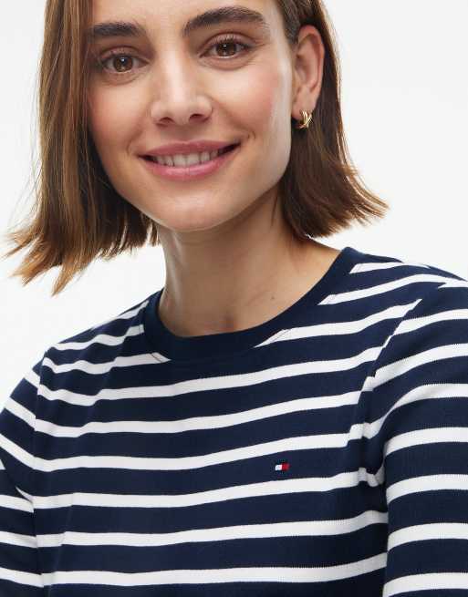 Tommy Hilfiger Slim crew neck long sleeve t-shirt in stripe dark blue / ecru, 3 of 5