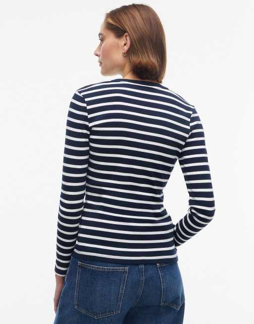 Tommy Hilfiger Slim crew neck long sleeve t-shirt in stripe dark blue / ecru, 4 of 5