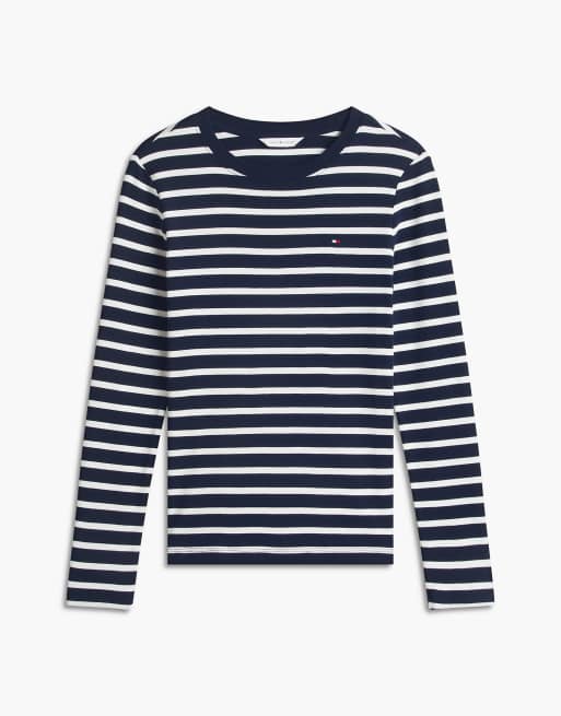 Tommy Hilfiger Slim crew neck long sleeve t-shirt in stripe dark blue / ecru, 5 of 5
