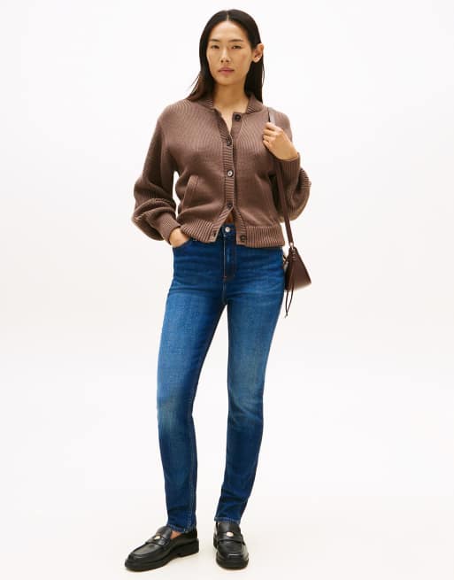 Tommy Hilfiger – Slim-Fit-Jeans in Dunkelblau mit mittelhohem Bund und verblasster Optik