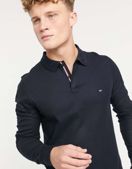 pijn grafisch in beroep gaan Tommy Hilfiger - Slim-fit poloshirt van luxe jersey met lange mouwen en  vlaglogo in navy | ASOS