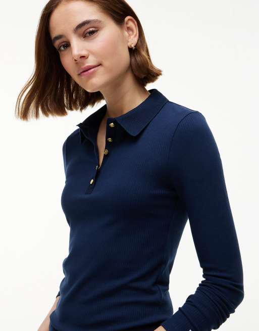 Tommy Hilfiger Slim fit ribbed long sleeve polo shirt in dark blue, 3 of 6