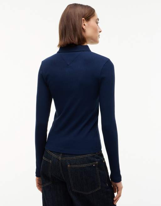Tommy Hilfiger Slim fit ribbed long sleeve polo shirt in dark blue, 4 of 6