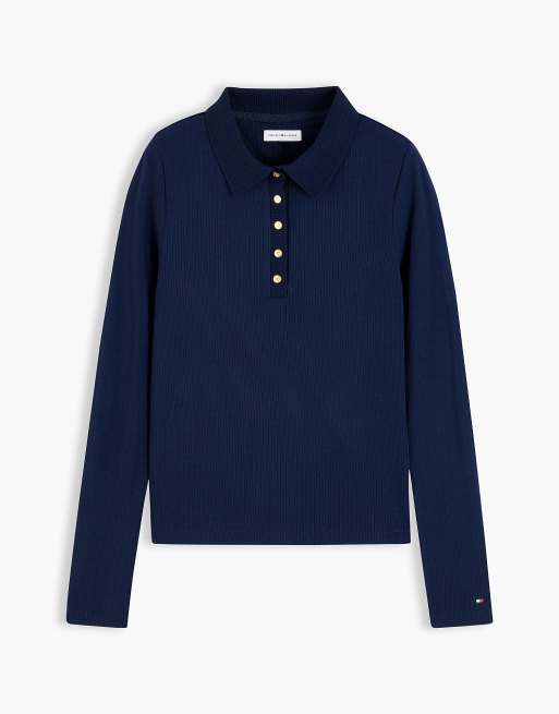 Tommy Hilfiger Slim fit ribbed long sleeve polo shirt in dark blue, 5 of 6
