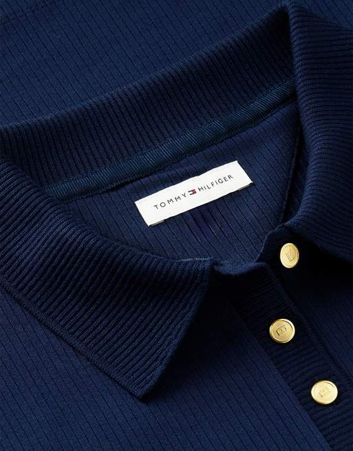 Tommy Hilfiger Slim fit ribbed long sleeve polo shirt in dark blue, 6 of 6