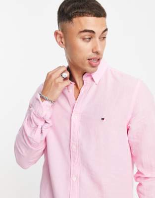 Tommy Hilfiger slim garment dyed long sleeve shirt-Pink