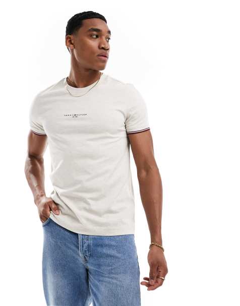 Tommy Hilfiger small logo tipped t-shirt in off white - view 1