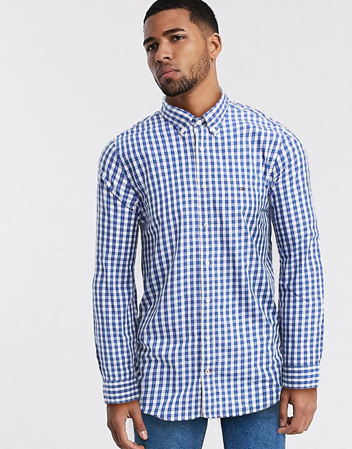 Tommy Hilfiger Long Sleeve Shirt blue-white check pattern classic style Fashion Formal Shirts Long Sleeve Shirts 