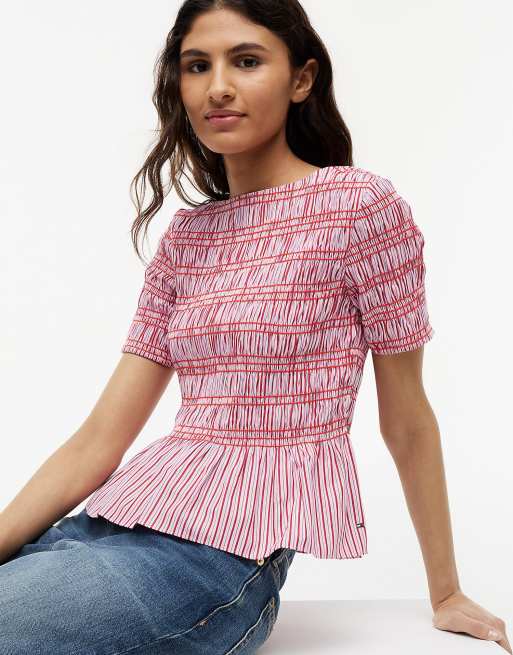 Tommy Hilfiger Smock stripe ruffle boat neck top in pink multi stripe, 3 of 6