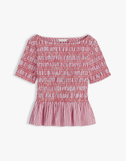 Tommy Hilfiger Smock stripe ruffle boat neck top in pink multi stripe, 5 of 6