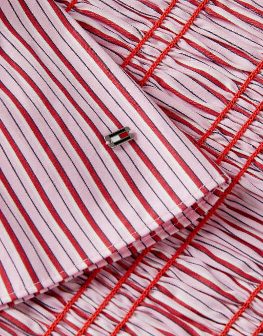 Tommy Hilfiger Smock stripe ruffle boat neck top in pink multi stripe, 6 of 6