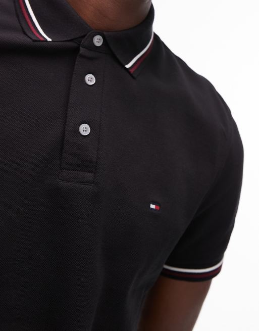 Tommy Hilfiger - Sort poloskjorte med kontrasterende kanter i slim fit, 3 af 4