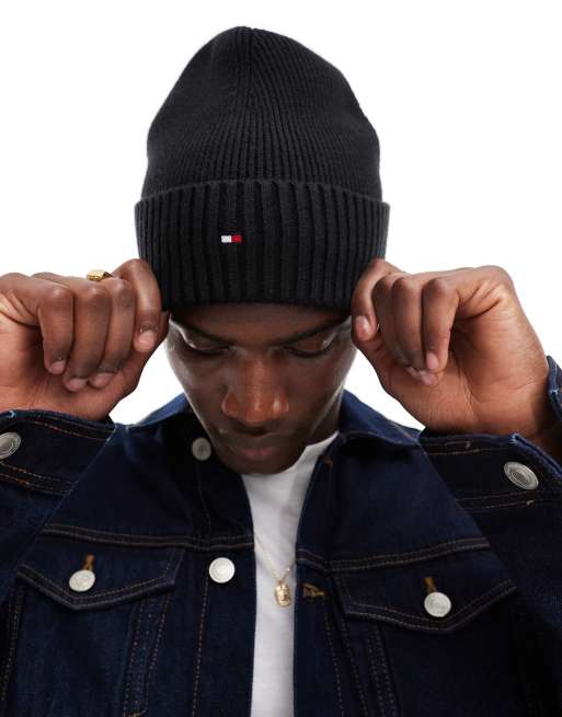 Tommy Hilfiger - Sort ribstrikket hue med flaglogo