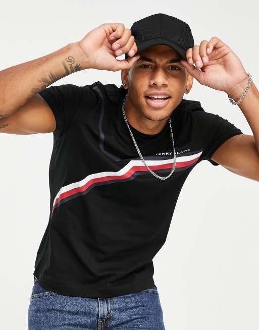 Tommy Hilfiger split chest stripe t shirt in black