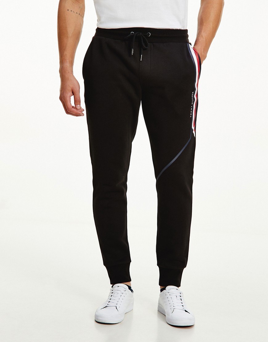 Tommy Hilfiger split corp stripe cuffed joggers in black