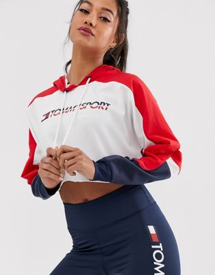 Tommy Hilfiger Sport flag tape logo crop hoody in red | ASOS