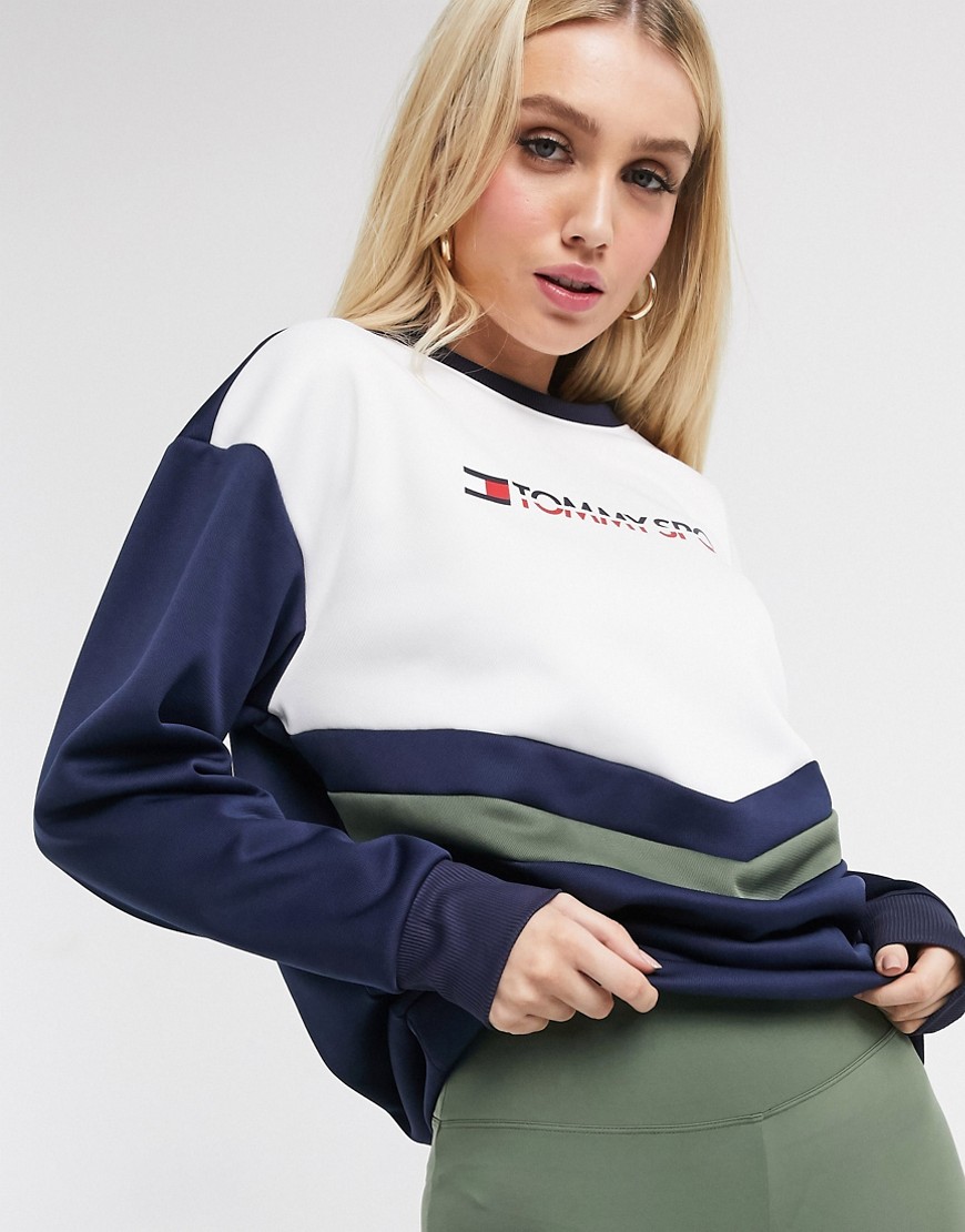 Tommy Hilfiger Sport – Marinblå/khakifärgad blockfärgad sweatshirt i frotté med rund halsringning och logga
