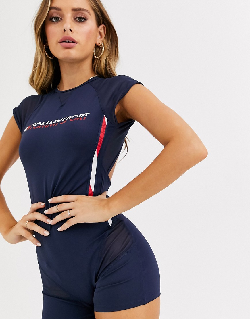 Tommy Hilfiger Sport mesh insert bodysuit with logo tape side seam detail in navy