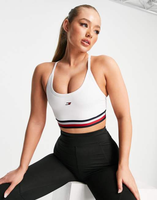 Tommy Hilfiger Sport - Reggiseno sportivo con dorso a vogatore bianco con logo in coordinato
