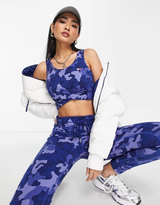 Tommy Hilfiger Sport twist front sports bra in blue camo print - part of a  set