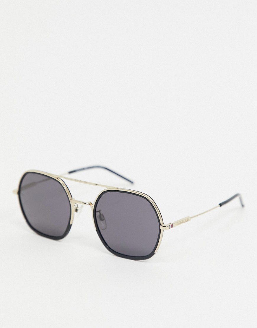 Tommy Hilfiger square aviator sunglasses in black and gold