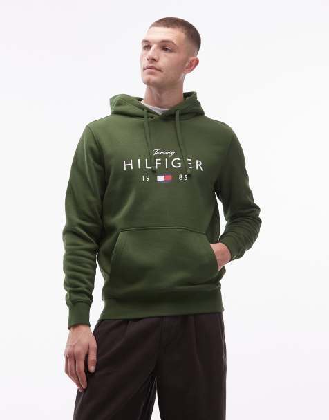 Tommy Hilfiger stacked large center logo hoodie in green - view 1