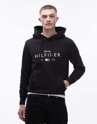 Tommy Hilfiger stacked large centre logo hoodie in black