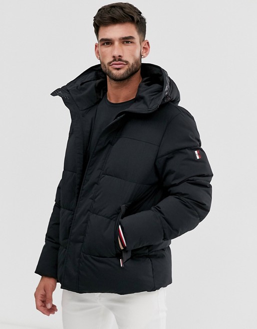 Tommy Hilfiger stretch nylon hooded bomber jacket in black