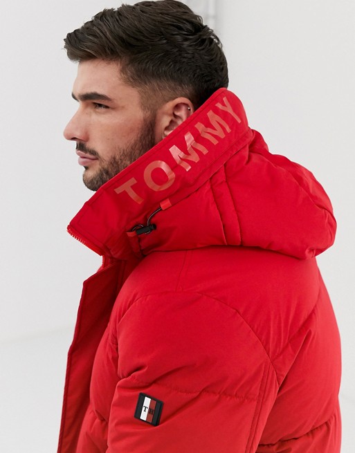 Tommy Hilfiger stretch nylon hooded bomber jacket in red