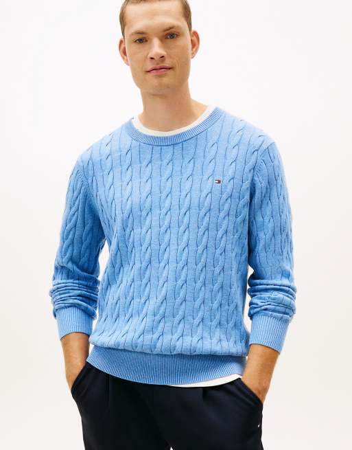 Tommy Hilfiger – Strickpullover in Blau mit Zopfmuster und Flaggenstickerei