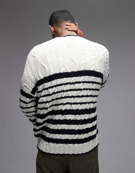 Tommy Hilfiger – Strickpullover in Creme und Marineblau gestreift mit Zopfmuster, 3 von 5