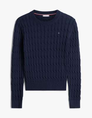 Tommy Hilfiger - Strickpullover in Dunkelblau mit Rundhalsausschnitt und Zopfmuster