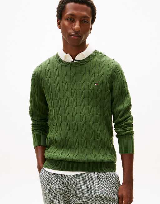 Tommy Hilfiger – Strickpullover in Dunkelgrün mit Zopfmuster und Flaggenstickerei