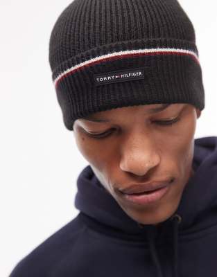 Tommy Hilfiger Tommy Hilfiger stripe logo knitted beanie in black