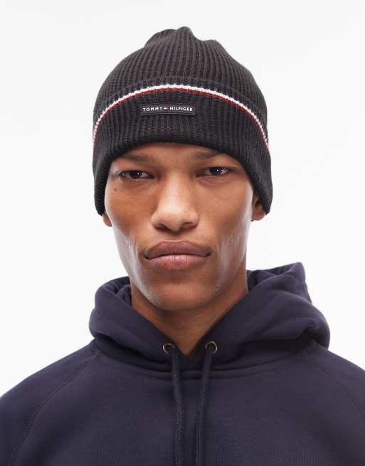 Tommy Hilfiger stripe logo knitted beanie in black, 2 of 3