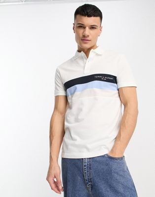 Tommy Hilfiger stripe logo slim fit polo shirt in white