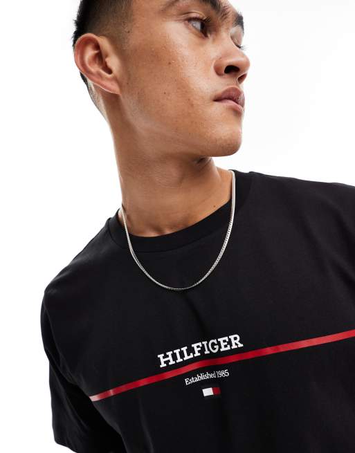 Tommy Hilfiger stripe logo t-shirt in black | ASOS