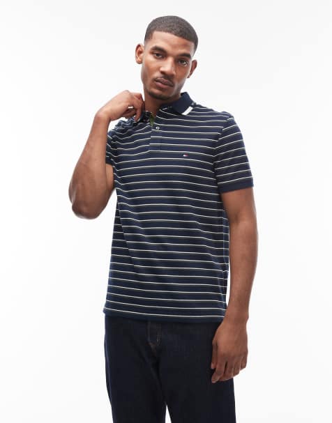 Tommy Hilfiger stripe polo shirt with chest logo in navy and white - view 1
