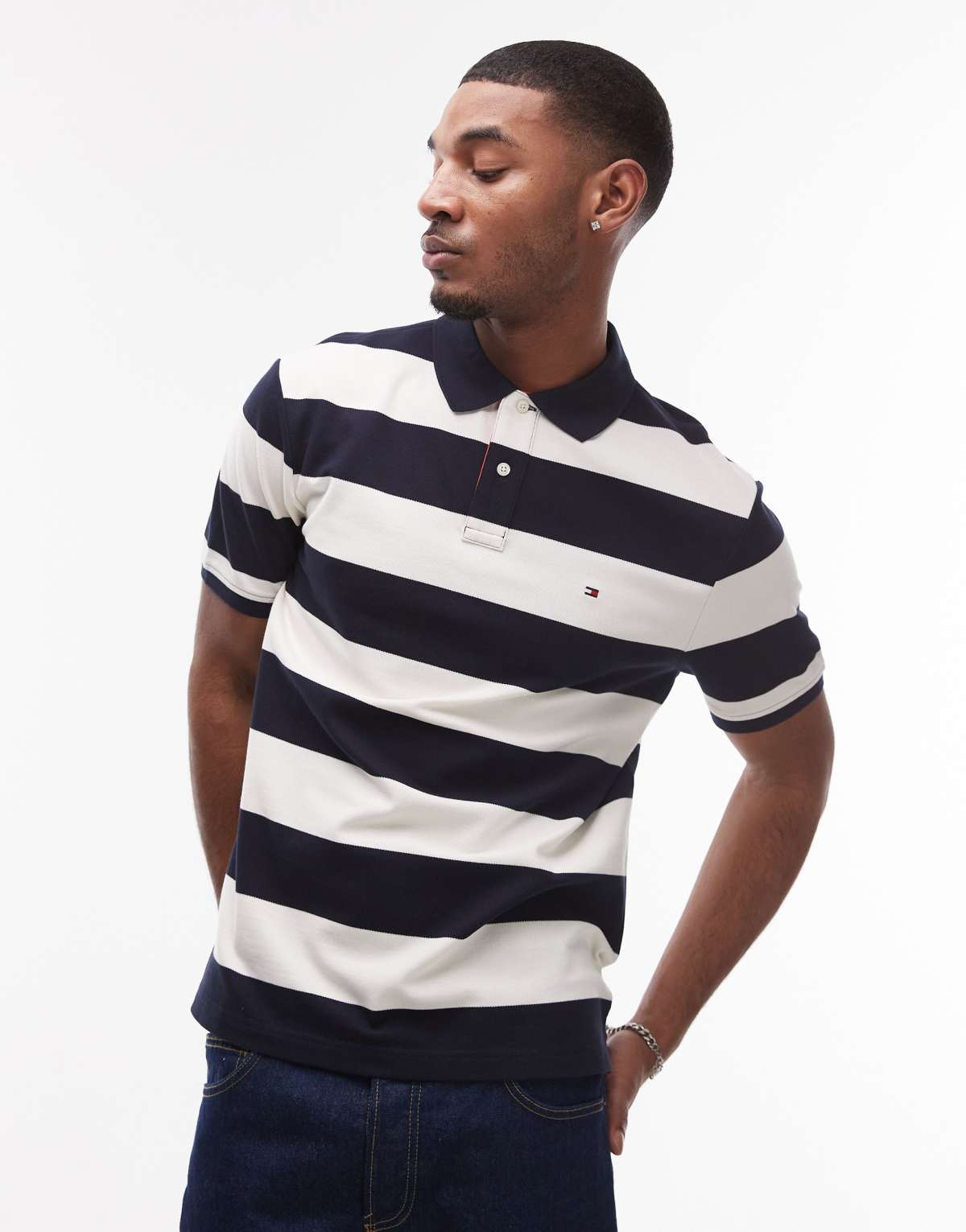 Tommy Hilfiger stripe regular polo shirt in navy and off white