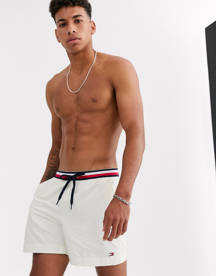 Tommy Hilfiger stripe waistband medium swim trunks-White