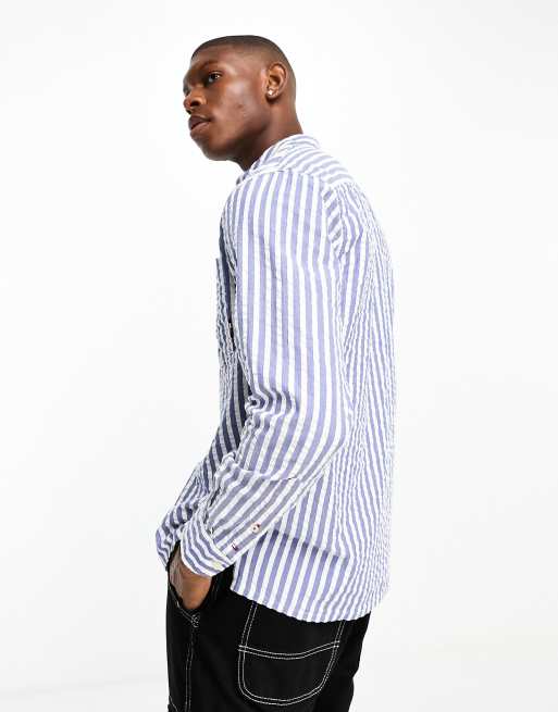 blue and white striped tommy hilfiger shirt