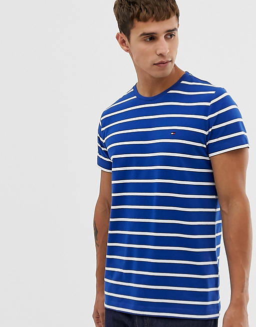 Tommy Hilfiger striped t-shirt stretch slim fit with icon flag logo in blue  | ASOS