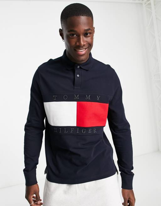 Tommy Hilfiger - Struktureret poloskjorte med stort flaglogo og lange ærmer i marineblåt bomuldspiqué 