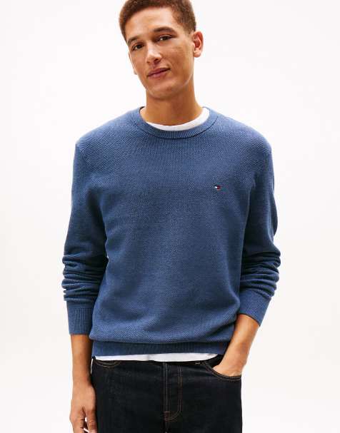 Tommy Hilfiger – Strukturierter Pullover in Blau mit Flag-Stickerei und Rundhalsausschnitt - view 1