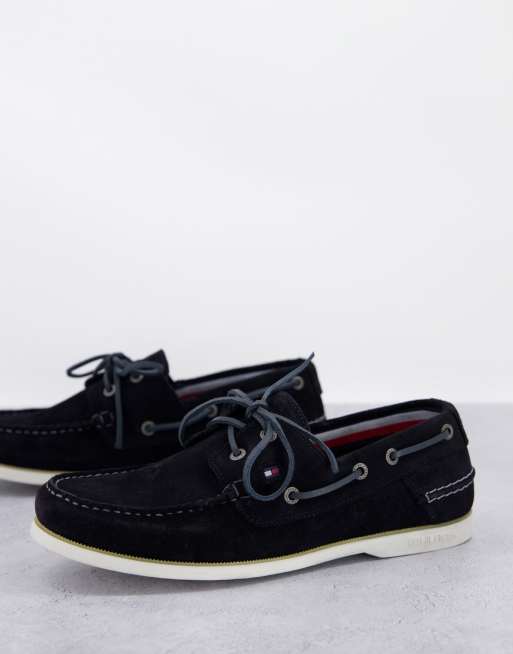 Tommy Hilfiger suede boat shoe with laces and flag logo in navy