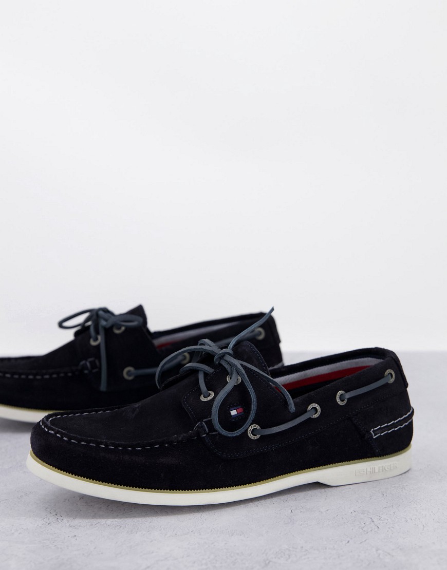 Tommy Hilfiger suede boat shoes with laces and flag logo in navy